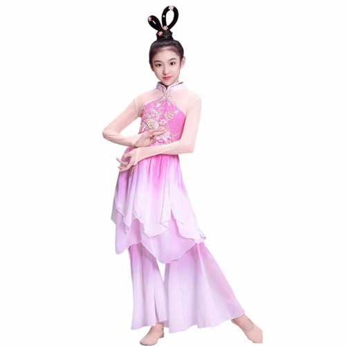 Pink gradient chinese folk dance costumes for kids girls children ancient traditional classical dance fairy princess competition dance hanfu umbrella dance wear for girls